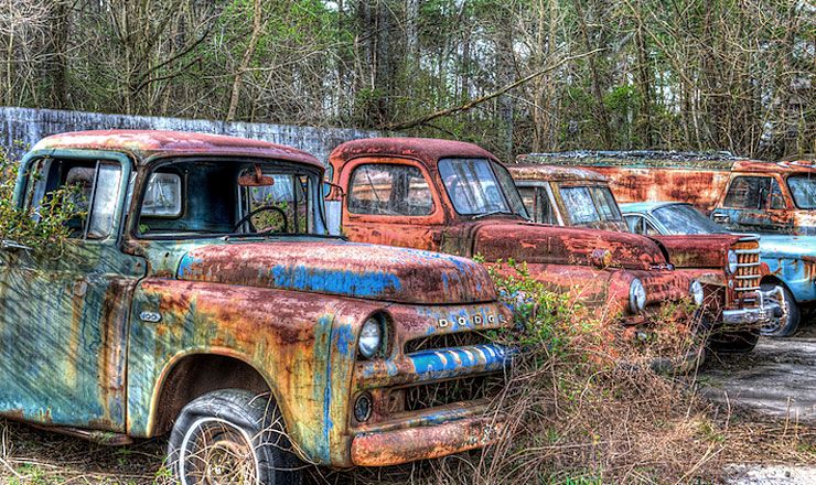 rusting trucks at Old Car City USA