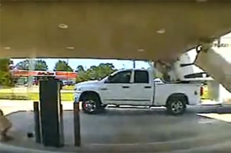 truck crushed under ATM awning