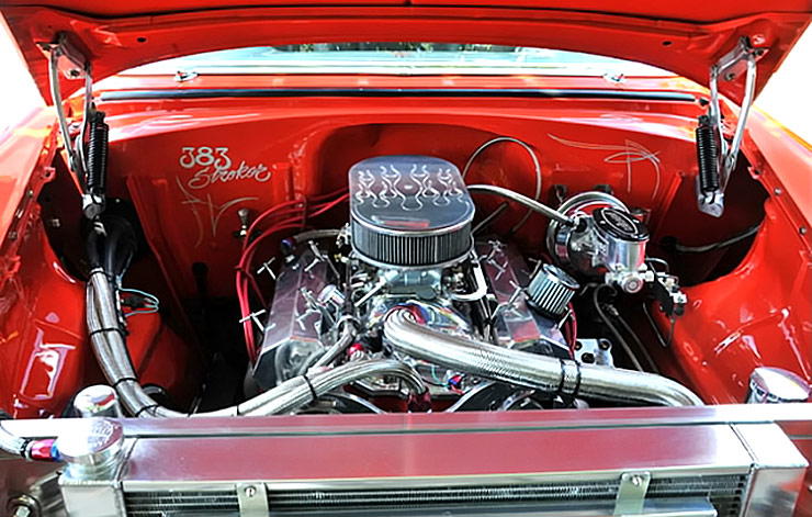 383 stroker engine sitting in 1955 Chevy 210