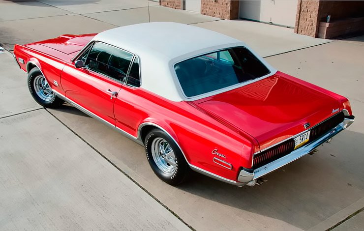 red and white 1967 Mercury Cougar XR7 top rear left