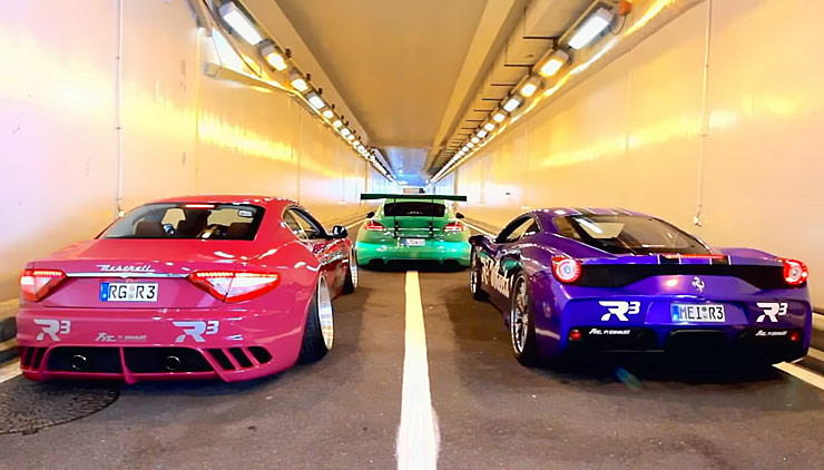 Ferrari 458 Speciale vs Maserati GranTurismo vs Porsche Panamera Turbo straight pipes REV BATTLE