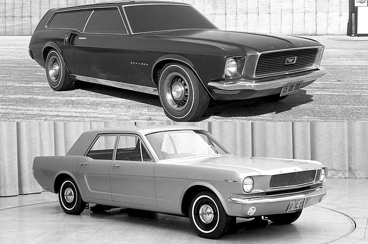 four door Mustang and a wagon roof two door Mustang