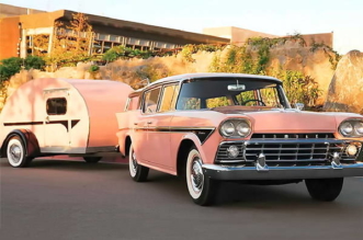1958 Rambler Cross Country station wagon with a teardrop trailer