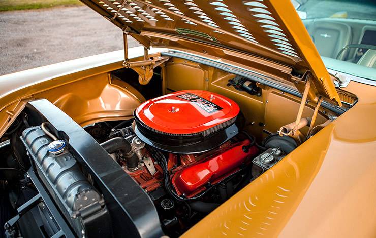 440 sixpack engine under the hood in 1957 Cadillac "The Golden Caddy"