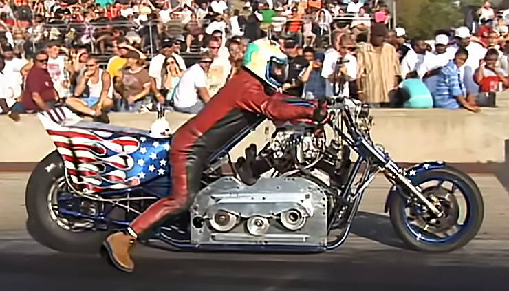 drag racing motorcycle with a blown alcohol V8 Chevy engine